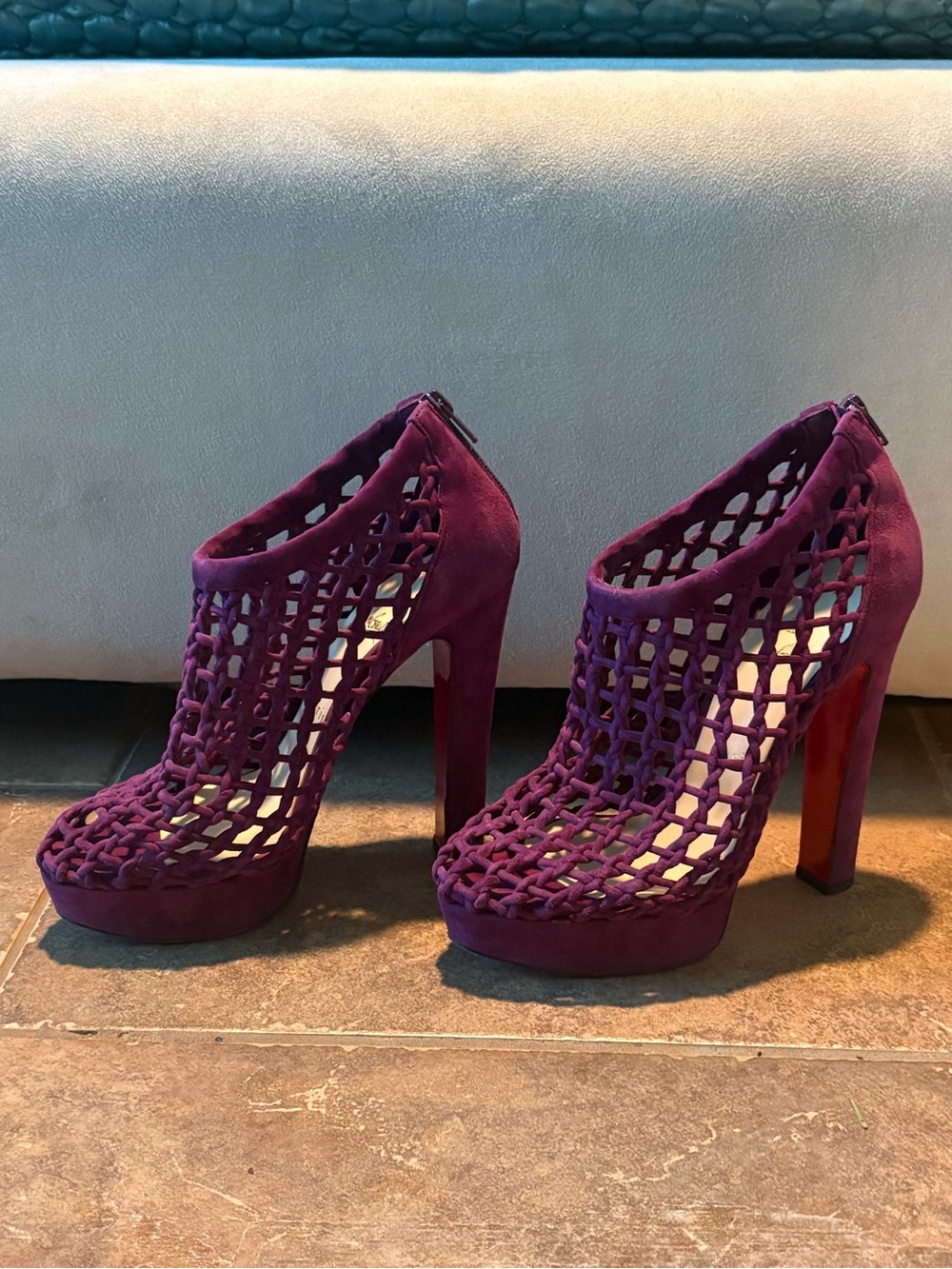 Christian Louboutin Purple Suede Net Cutout Platform Heels